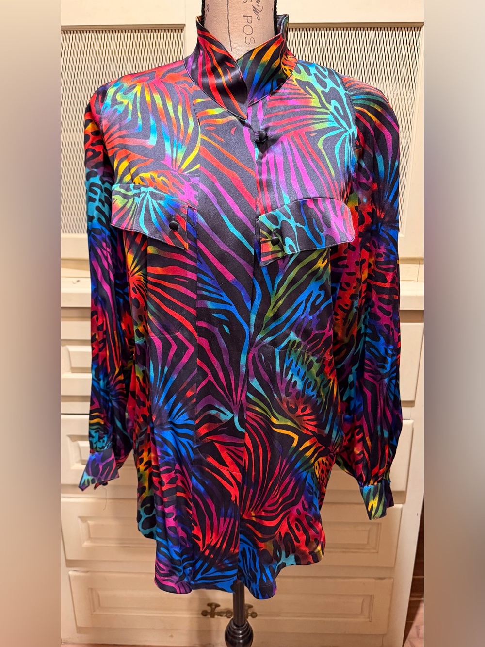 Rare Vintage Escada Silk Neon Safari Asymmetrical Tunic Blouse